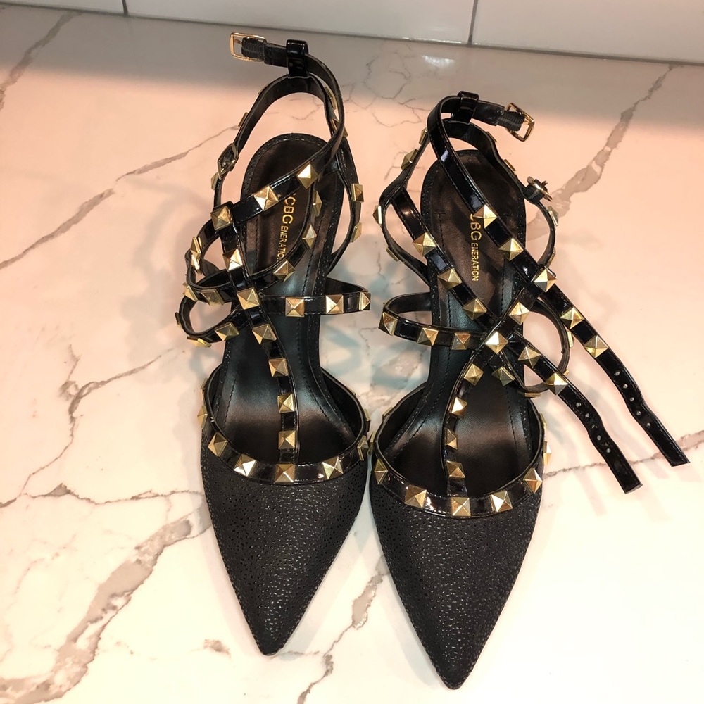 BCBG Black w/ Gold Studs Strappy Heels